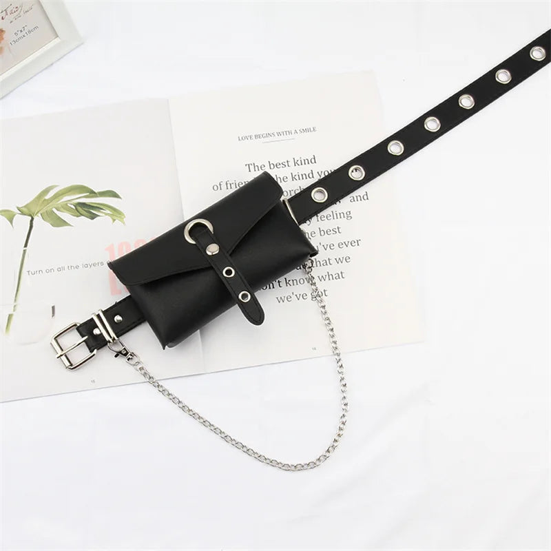 Women's PU Leather Waist Bag with Chain Belt Full Hole Punk Style Belt Phone Sho