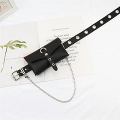 Women's PU Leather Waist Bag with Chain Belt Full Hole Punk Style Belt Phone Sho