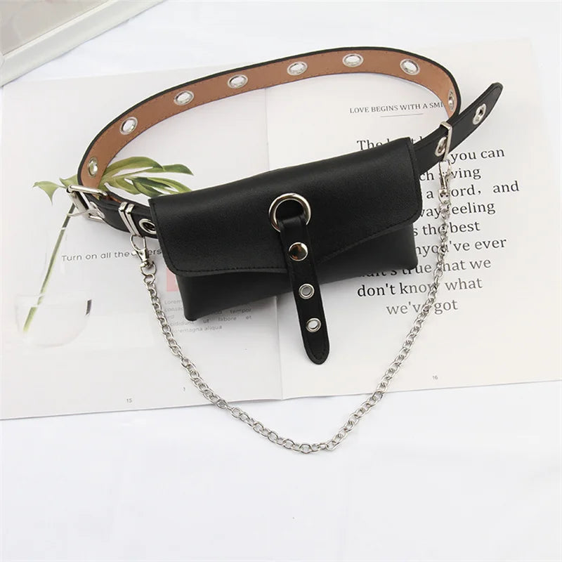 Women's PU Leather Waist Bag with Chain Belt Full Hole Punk Style Belt Phone Sho