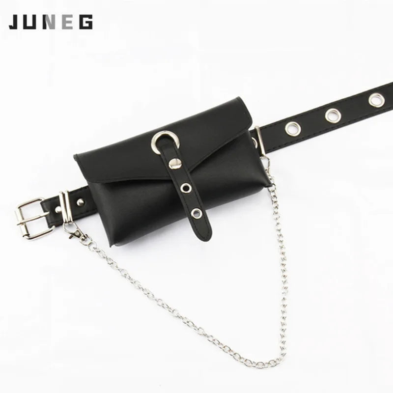 Women's PU Leather Waist Bag with Chain Belt Full Hole Punk Style Belt Phone Sho