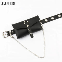 Women's PU Leather Waist Bag with Chain Belt Full Hole Punk Style Belt Phone Sho