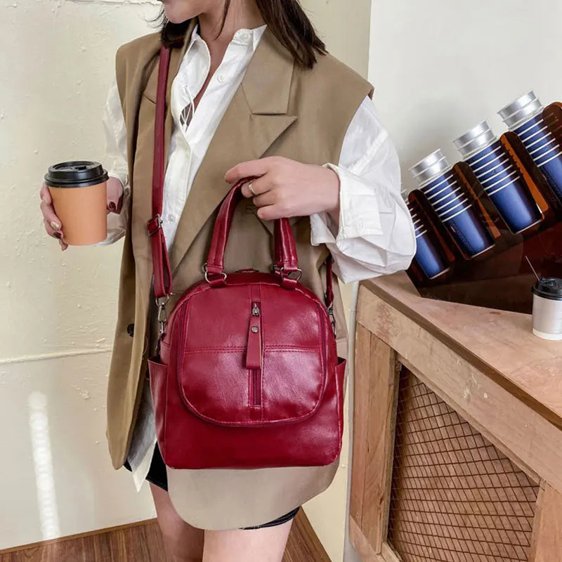 Women's PU Leather Multipurpose Backpack Shoulder Bag Zipper Travel Bags