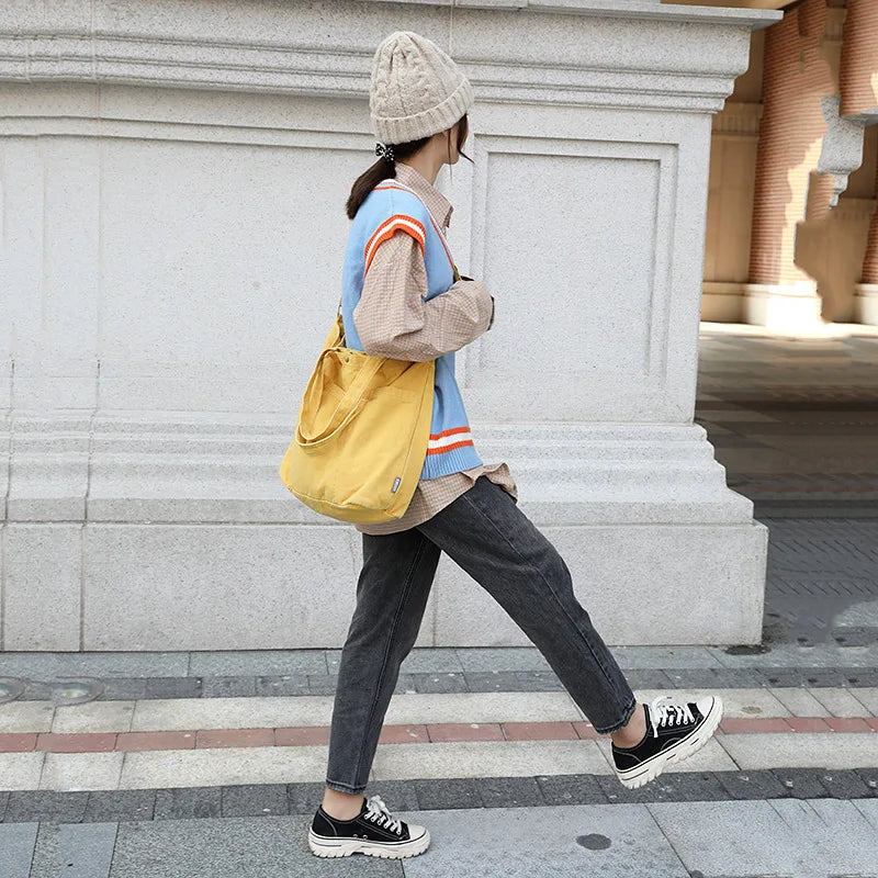 Canvas School Messenger Bag Large Capacity Casual Shoulder Handbag for Women