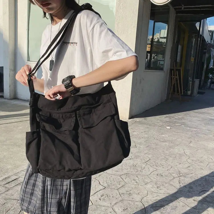 Canvas School Messenger Bag Large Capacity Casual Shoulder Handbag Women Solid