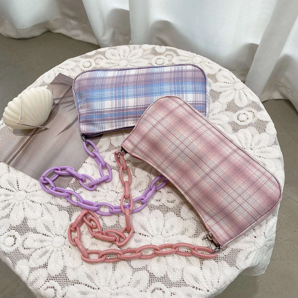Plaid Grid Shoulder Bag Acrylic Chain Handbag
