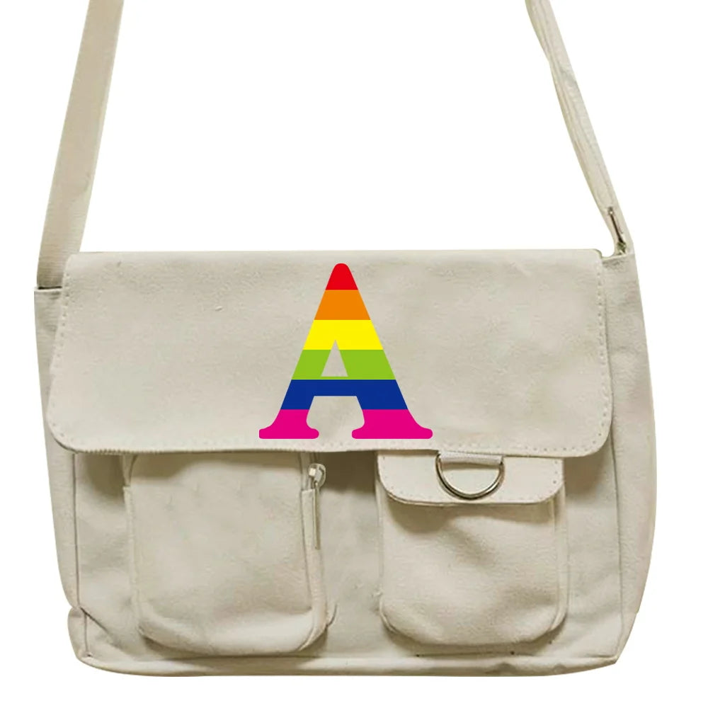 Rainbow Colour Canvas Messenger Bag Large Capacity Handbag