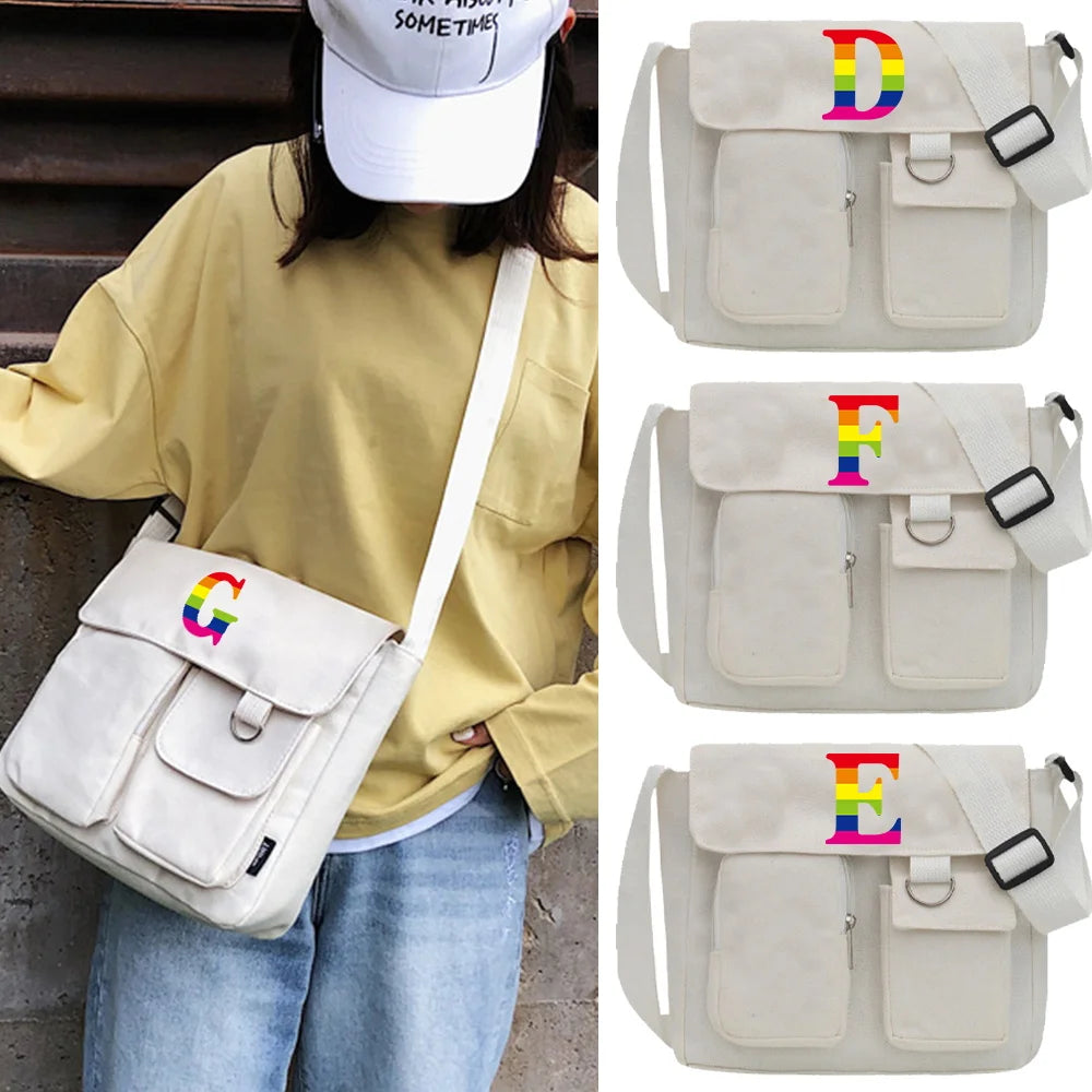 Rainbow Colour Canvas Messenger Bag Large Capacity Handbag