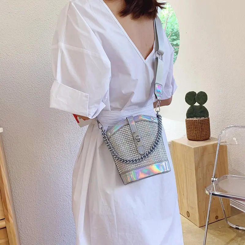 Women's Diamond Leather Bucket Crossbody Bag Chain Tote Handbag