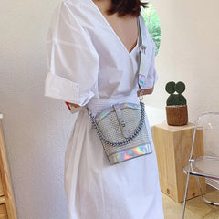 Women's Diamond Leather Bucket Crossbody Bag Chain Tote Handbag