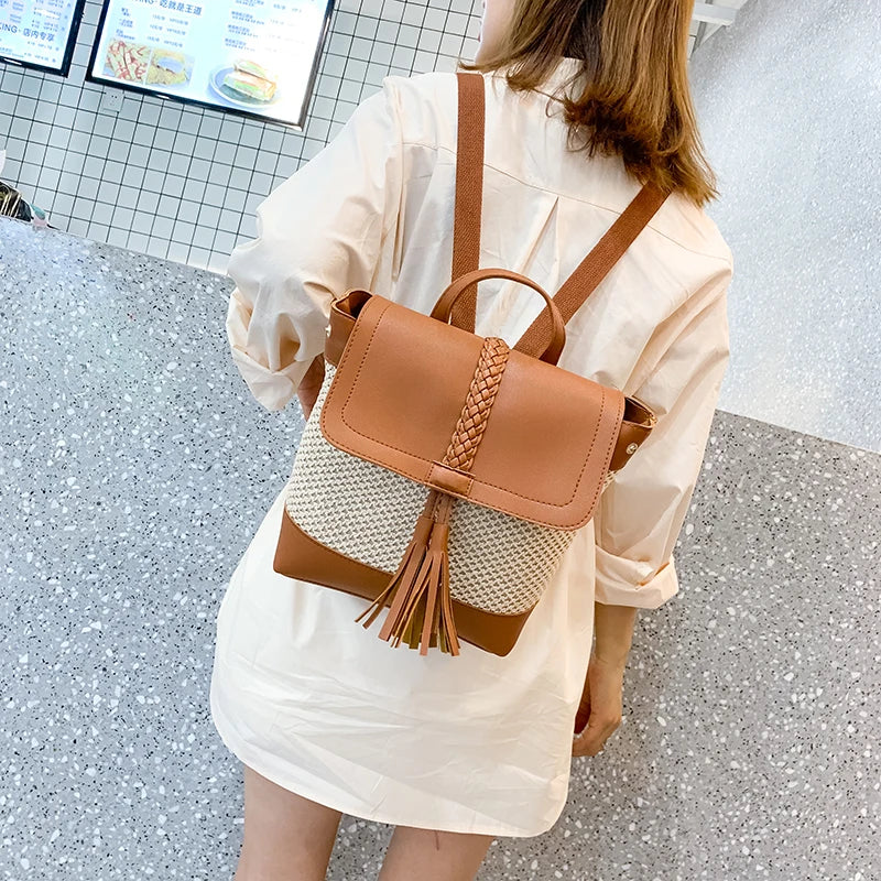 Women's Large Capacity Weaving Shoulder Bag for Travel, Crossbody Backpack