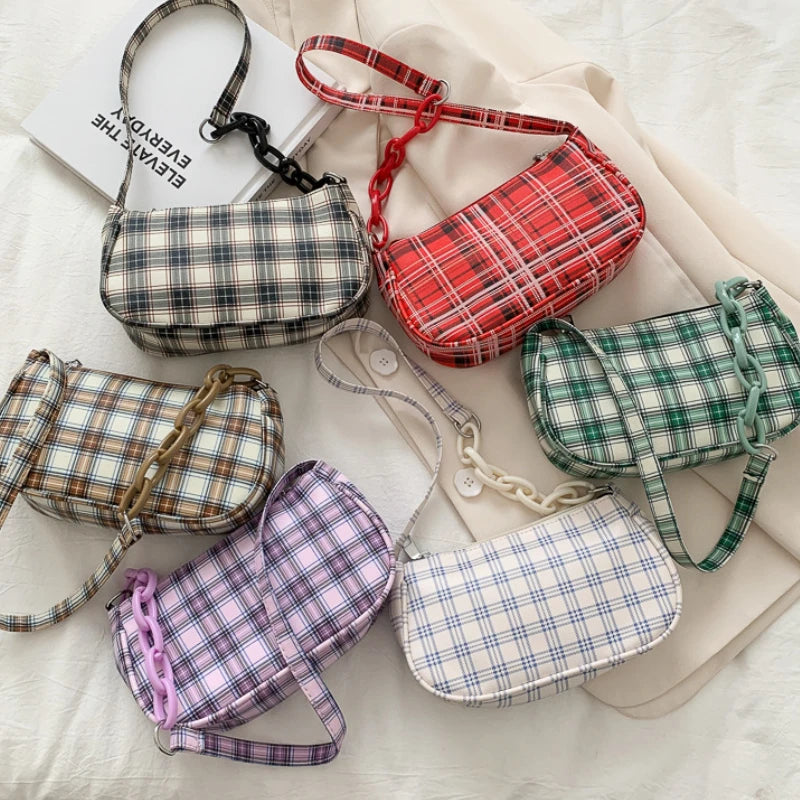 Retro Plaid Underarm Bag Chain Strap Zipper Mini Handbag Ladies Shoulder Bag
