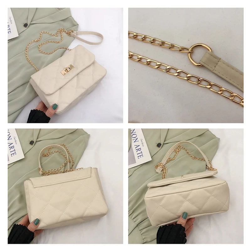 Solid Pu Leather Women's Crossbody Bag with Chain Shoulder Strap