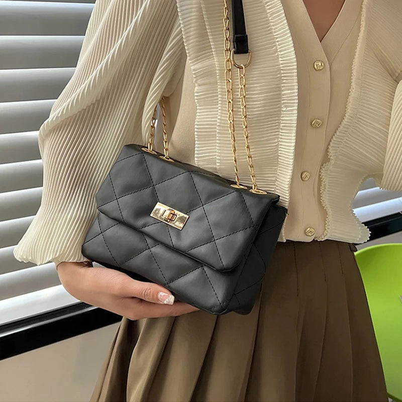 Solid Pu Leather Women's Crossbody Bag with Chain Shoulder Strap