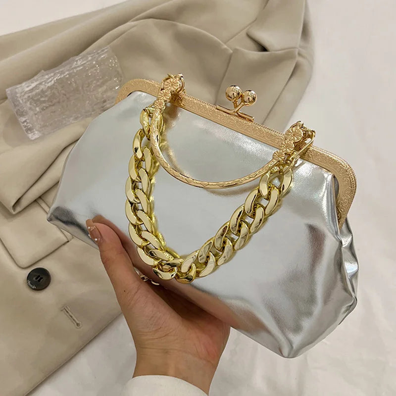 Women's Silver Green Chain Shoulder Bag PU Leather Handbag