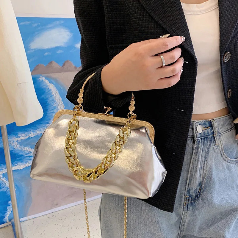 Women's Silver Green Chain Shoulder Bag PU Leather Handbag