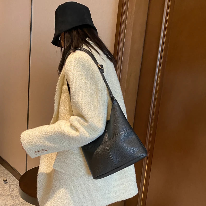 Soft Leather Handbag High Shoulder Bag Tote Bucket Bag Women's Handbags