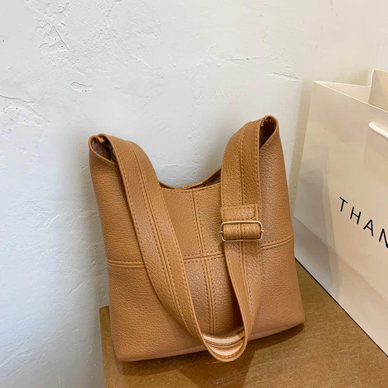 Soft Leather Handbag High Shoulder Bag Tote Bucket Bag Women's Handbags