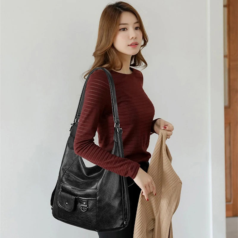 Women's Solid Bag Soft Leather Crossbody Bags Large Quality Pocket Shoulder Bag