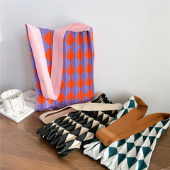 Women's Plaid Shoulder Handbag Spring Autumn Summer Knitting Pleated Bag