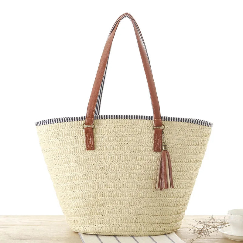 Women's Straw Tassel Shoulder Bag Large Beach Tote Handbag