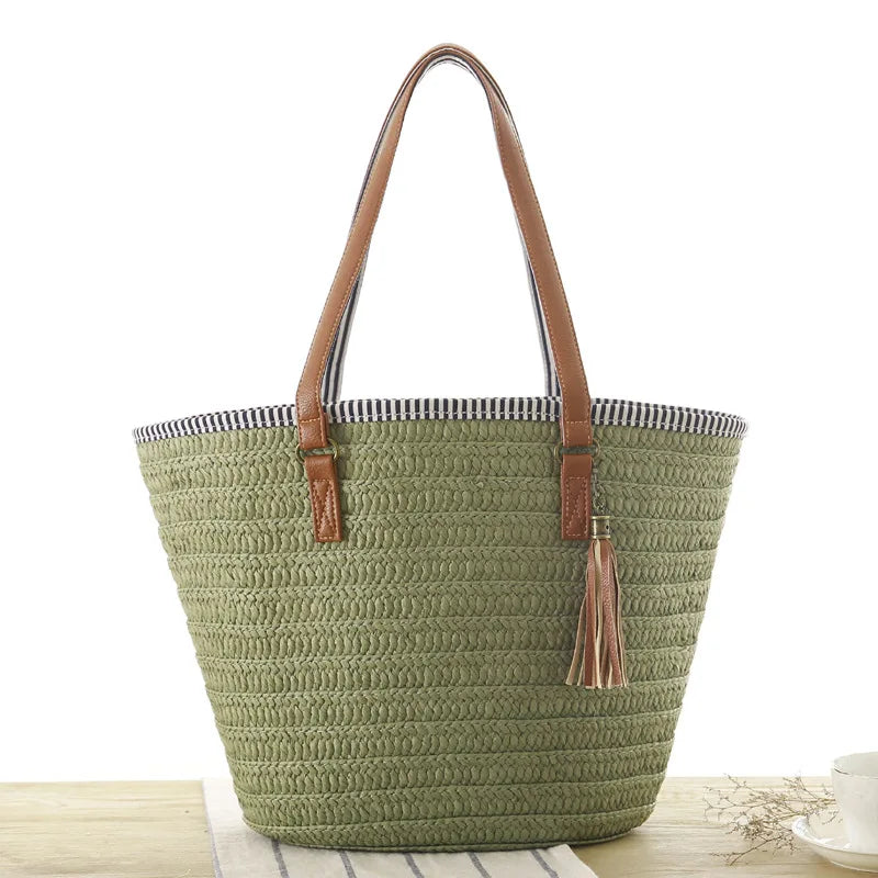 Women's Straw Tassel Shoulder Bag Large Beach Tote Handbag