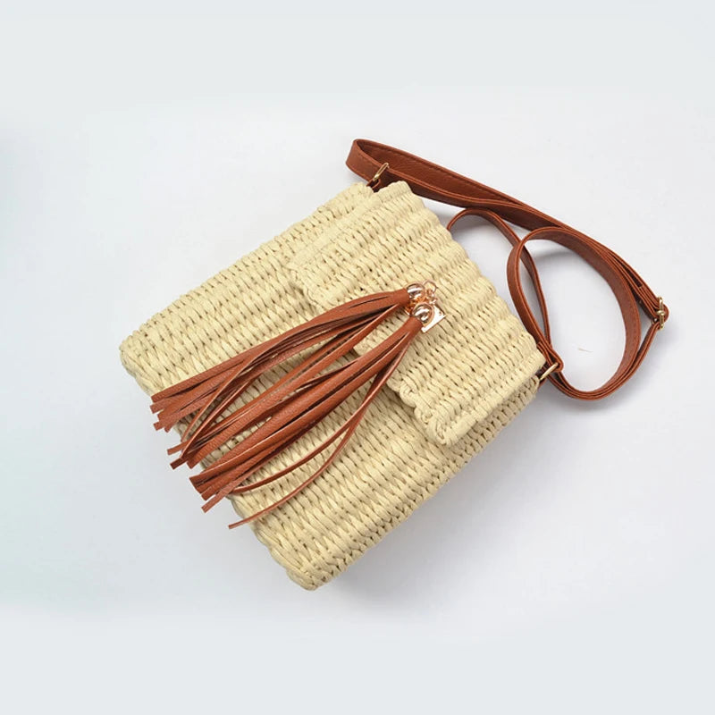 Women's Summer Straw Bag Paper Rope Cross-body Tassel Bell Beach Messenger Bag