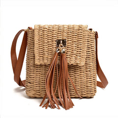 Women's Summer Straw Bag Paper Rope Cross-body Tassel Bell Beach Messenger Bag