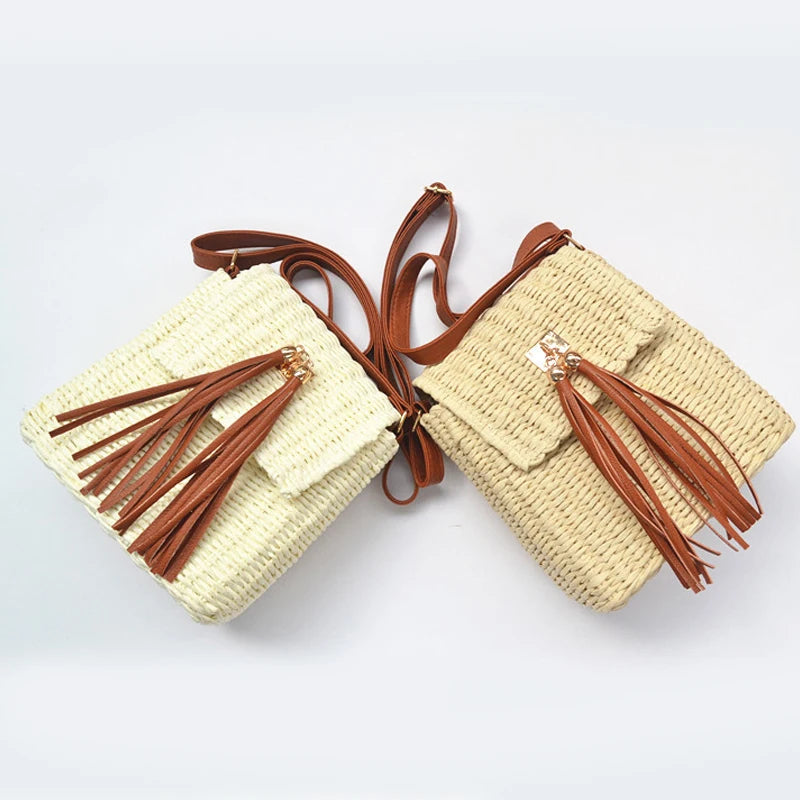 Women's Summer Straw Bag Paper Rope Cross-body Tassel Bell Beach Messenger Bag