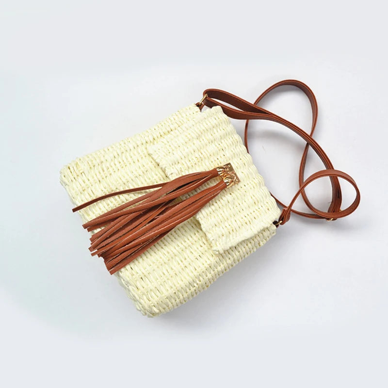 Women's Summer Straw Bag Paper Rope Cross-body Tassel Bell Beach Messenger Bag