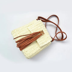 Women's Summer Straw Bag Paper Rope Cross-body Tassel Bell Beach Messenger Bag