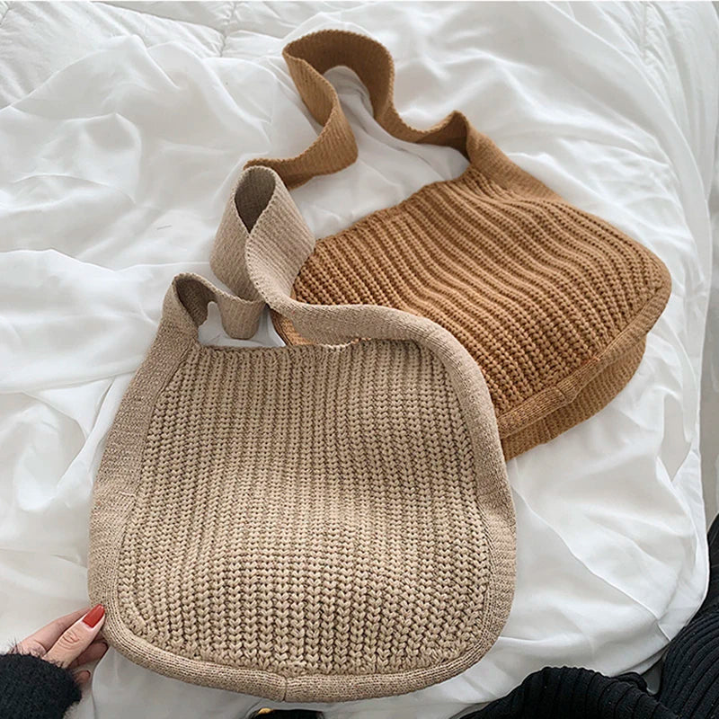 Women's Knit Tote Bag Shoulder Handbag Large Capacity Autumn Winter