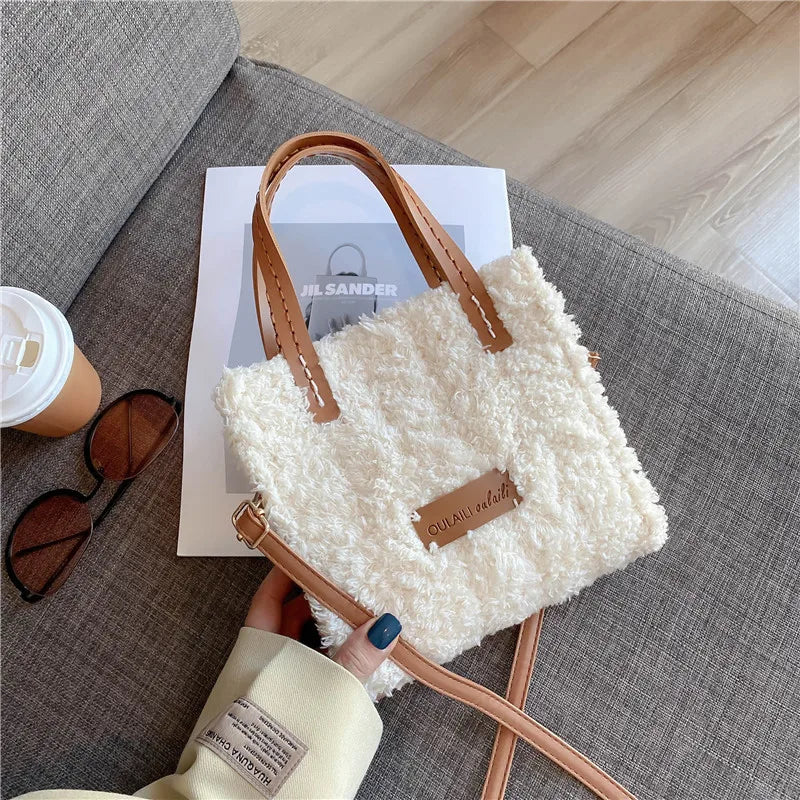 Women's Handwoven Shoulder Bag Lamb Wool Autumn Square Crossbody Bag