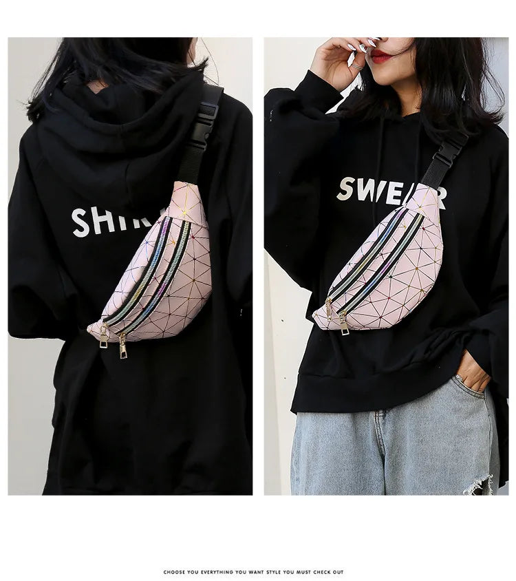 Women's Pink Silver Fanny Pack Geometric Waist Bag