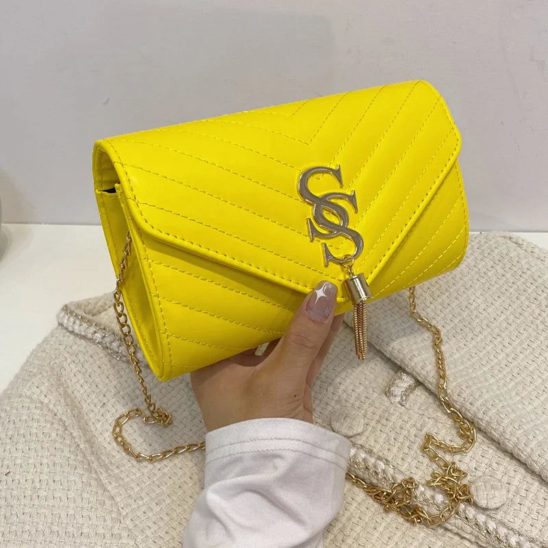 Women's Flip Handbag Soft Leather Chain Black Yellow White