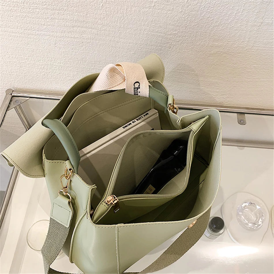 Women's Large Capacity PU Leather Handbag with Ribbon Detail