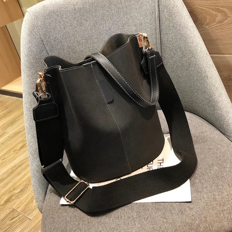 Women's Pu Bucket Bag Wide Shoulder Belt Handbag
