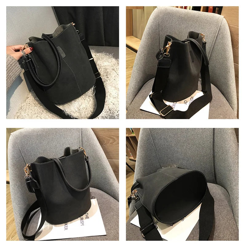 Women's Pu Bucket Bag Wide Shoulder Belt Handbag