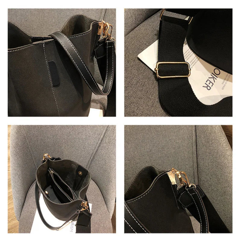 Women's Pu Bucket Bag Wide Shoulder Belt Handbag