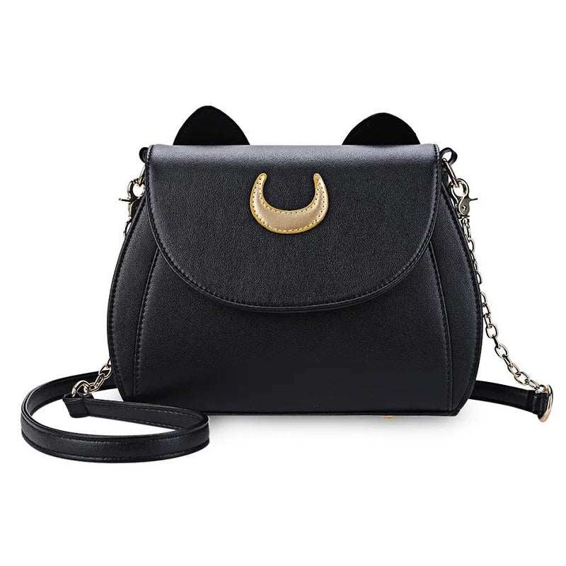 Moon Sea Handbag with Cat Chain, PU Leather