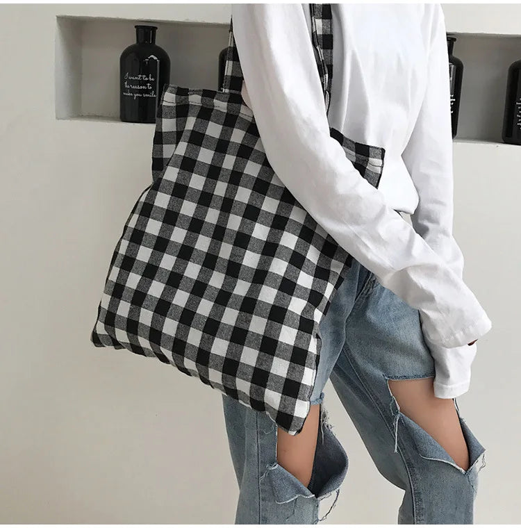 Women's Plaid Canvas Shopping Shoulder Bag Large-capacity Handbag