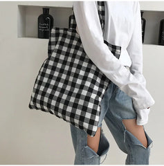 Women's Plaid Canvas Shopping Shoulder Bag Large-capacity Handbag