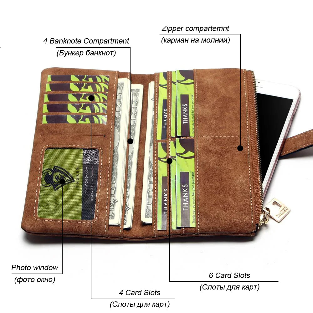 Nubuck Leather Zipper Wallet Women's Long Purse Fold Clutch