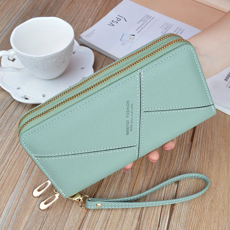 Women's Splicing Long Clutch Wallet Double Zipper Hand Strap Bag