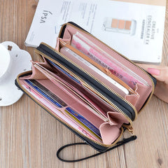 Women's Splicing Long Clutch Wallet Double Zipper Hand Strap Bag
