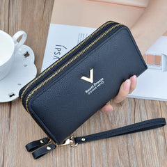 Women's Long Clutch Bag with Double Zipper and Hand Strap