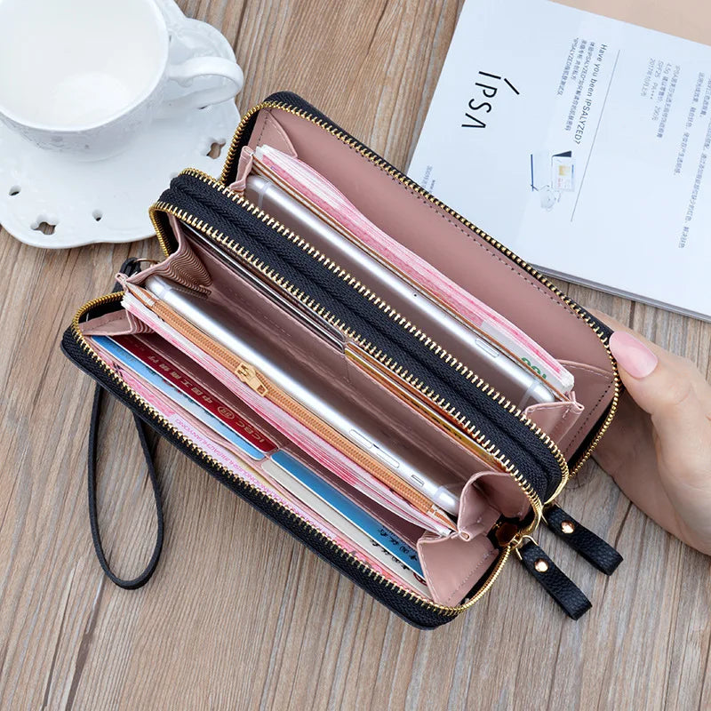Women's Long Clutch Bag with Double Zipper and Hand Strap