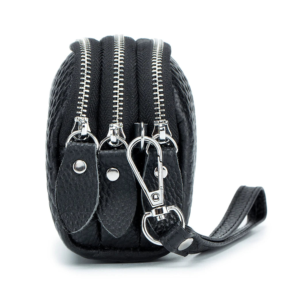 Cowhide Leather Triple Zipper Wallet with Waist Strap Clutch