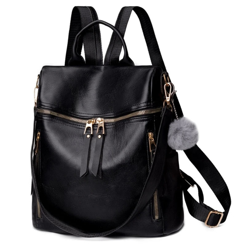 Large Capacity Leather Backpack Purse with Multiple Zipper Pockets
