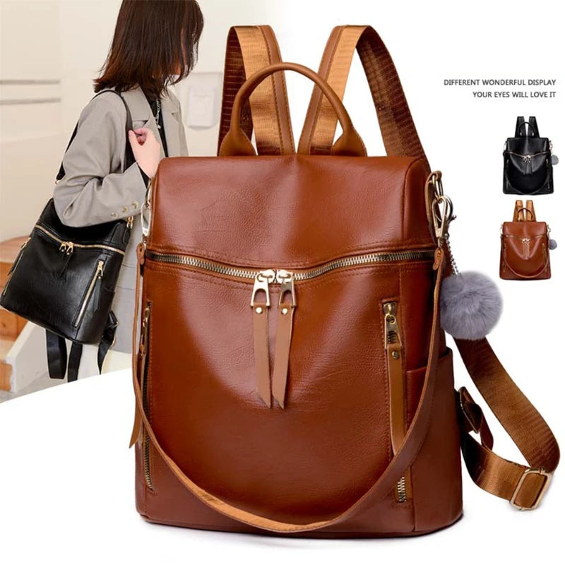 Large Capacity Leather Backpack Purse with Multiple Zipper Pockets
