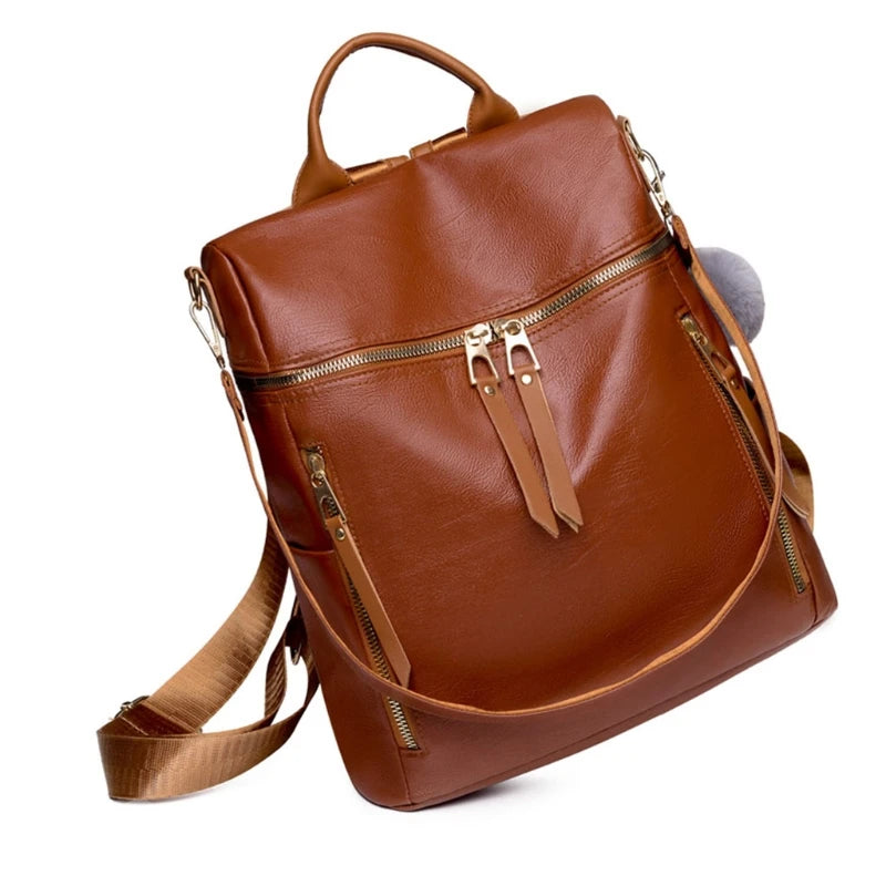 Large Capacity Leather Backpack Purse with Multiple Zipper Pockets